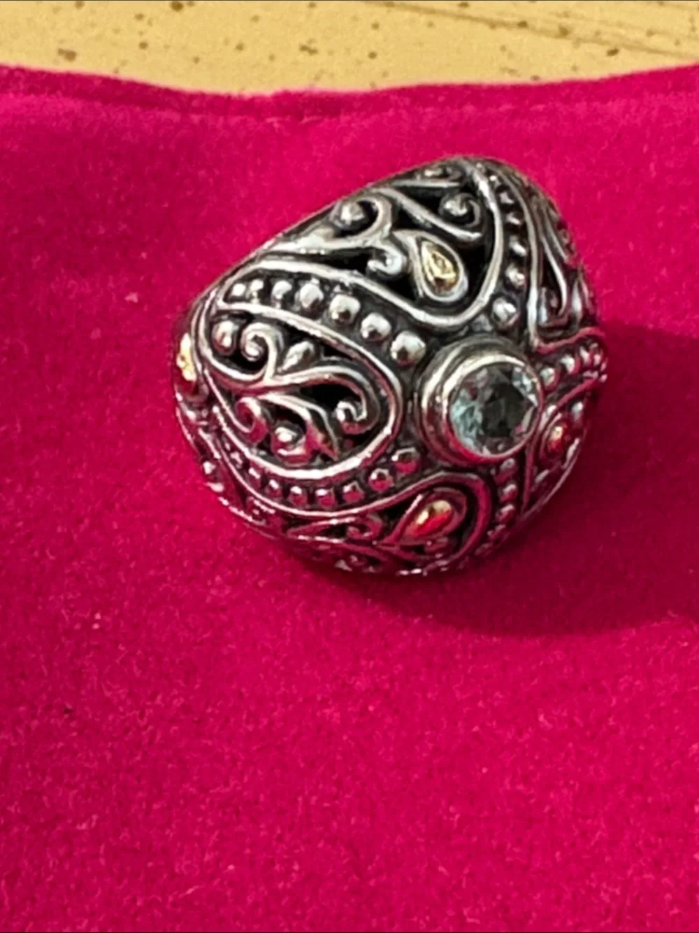 Phillip Gavriel Ornate Filigree Dome Ring with blue Stone - Silver Tone